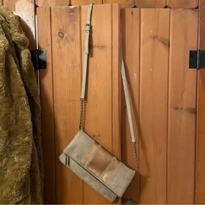 Neiman Marcus Convertible Clutch Tan Shoulder Bag Gold Foil Accent